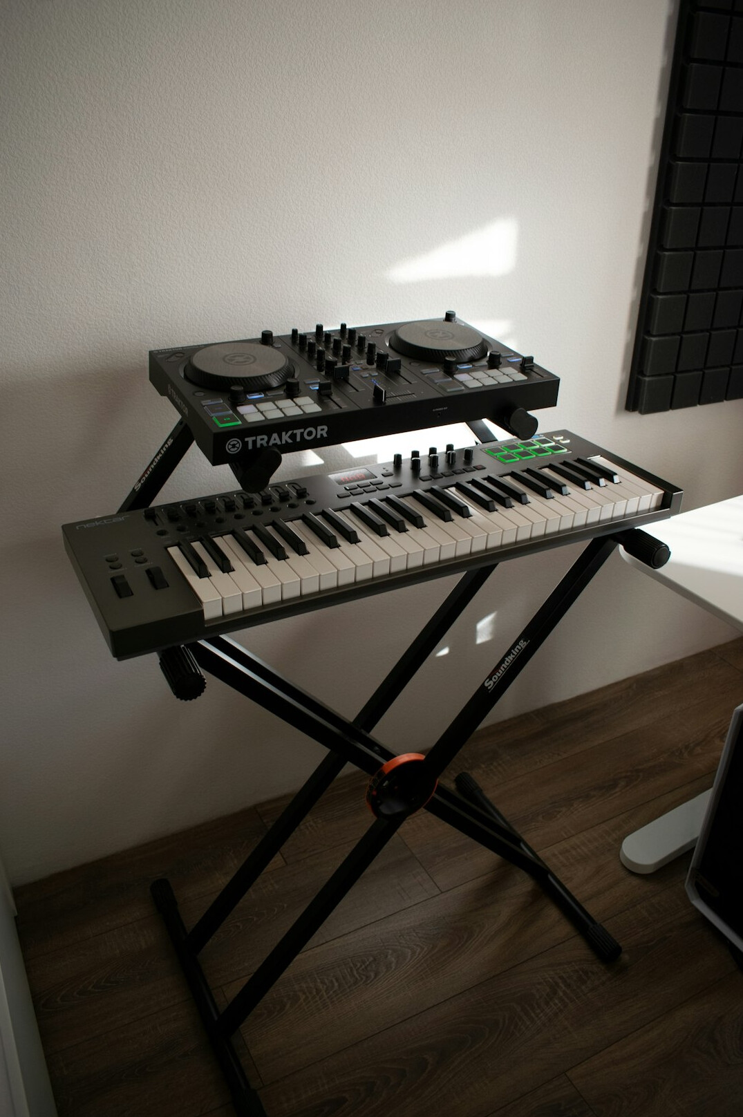 Studio equipment cases and cables laid out for setup